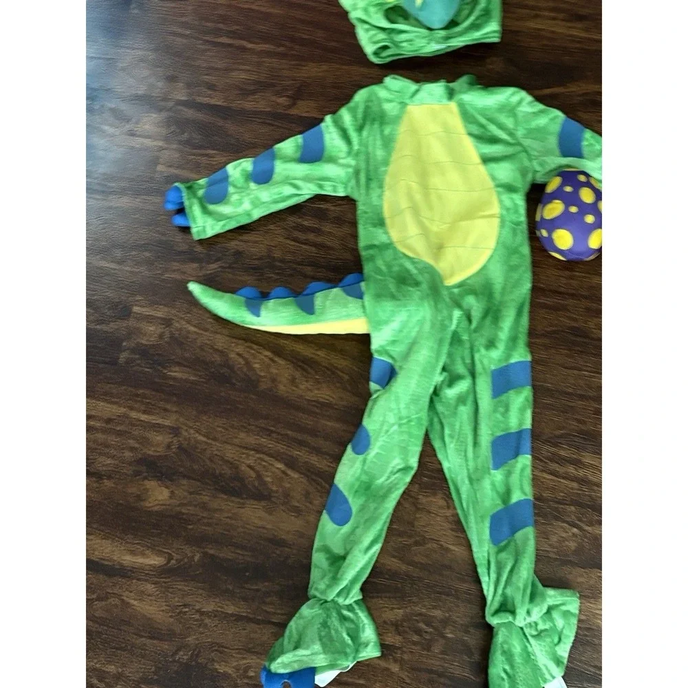 Kids Triceratops Dinosaur Costume Green Plush Jumpsuit Hood and Egg Accessory 3T